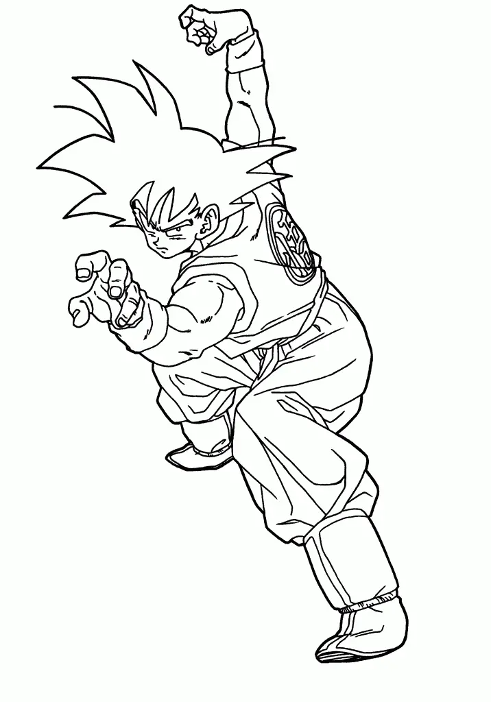 Desenho de contorno em preto e branco do personagem Goku de Dragon Ball, em posição de luta com um braço levantado e o outro à frente.