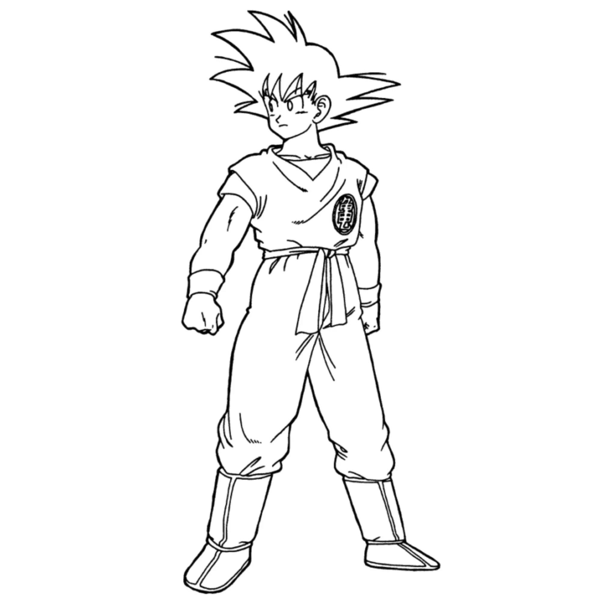 Desenho de contorno em preto e branco do Goku de Dragon Ball Z, em pé com punhos cerrados, vestindo seu dogi de artes marciais.