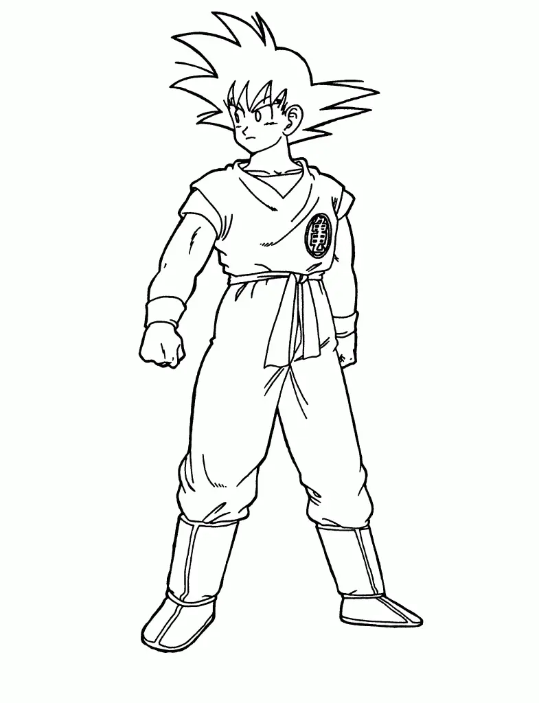 Desenho de contorno em preto e branco do personagem Goku de Dragon Ball, em pé de frente, usando seu tradicional traje de luta com faixa na cintura e botas.