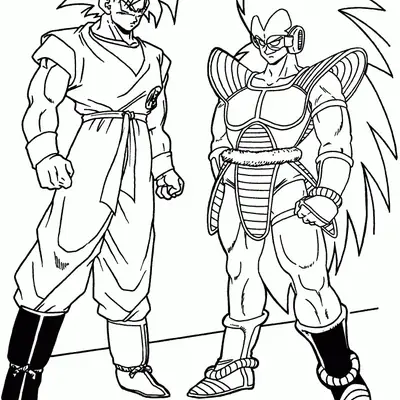 Desenho de contorno em preto e branco do Goku em seu traje de luta clássico à esquerda e Raditz com sua armadura tecnológica e cabelo longo à direita.