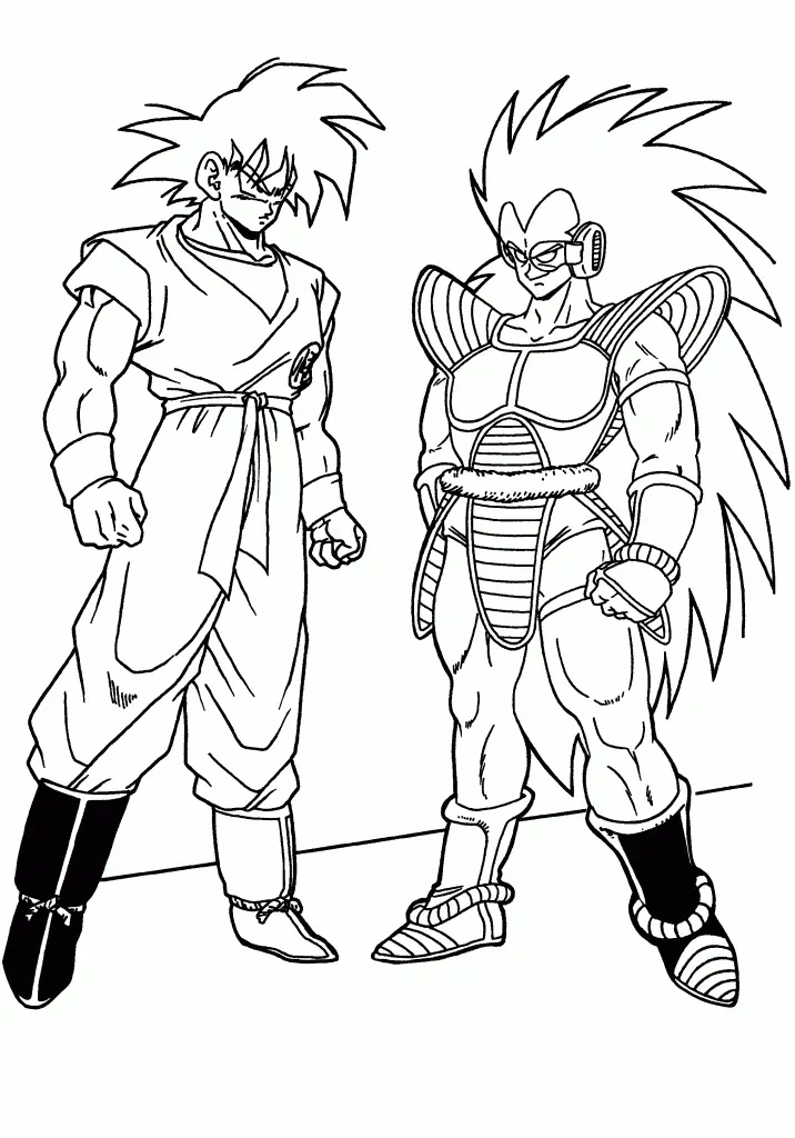 Desenho de contorno em preto e branco do Goku em seu traje de luta clássico à esquerda e Raditz com sua armadura tecnológica e cabelo longo à direita.