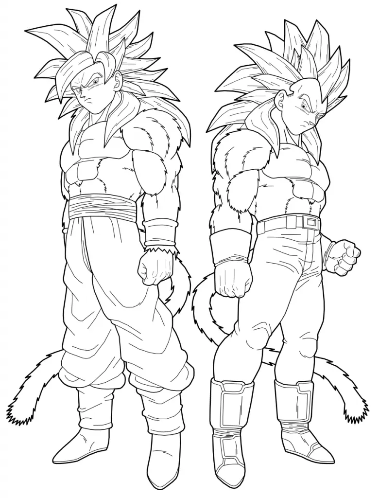 Desenho de contorno em preto e branco de Goku e Vegeta na forma Super Saiyajin 4, com cabelos longos, corpos cobertos por pelagem e caudas.