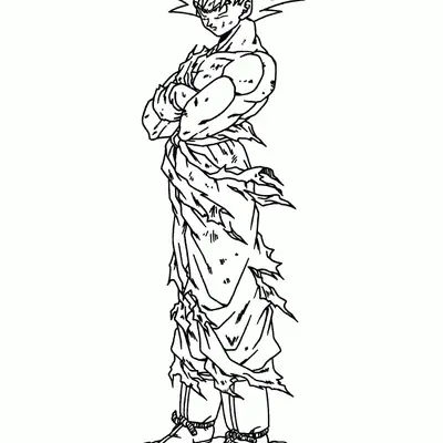 Desenho de contorno em preto e branco do Goku de perfil, com os braços cruzados, uniforme destruído em tiras e marcas de combate pelo corpo.