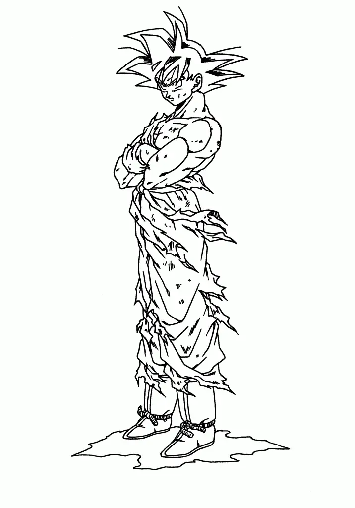 Desenho de contorno em preto e branco do Goku de perfil, com os braços cruzados, uniforme destruído em tiras e marcas de combate pelo corpo.