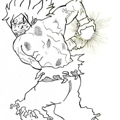 Desenho de contorno em preto e branco do Goku de costas e perfil, com o torso nu e ferido, preparando uma esfera de luz entre as mãos.