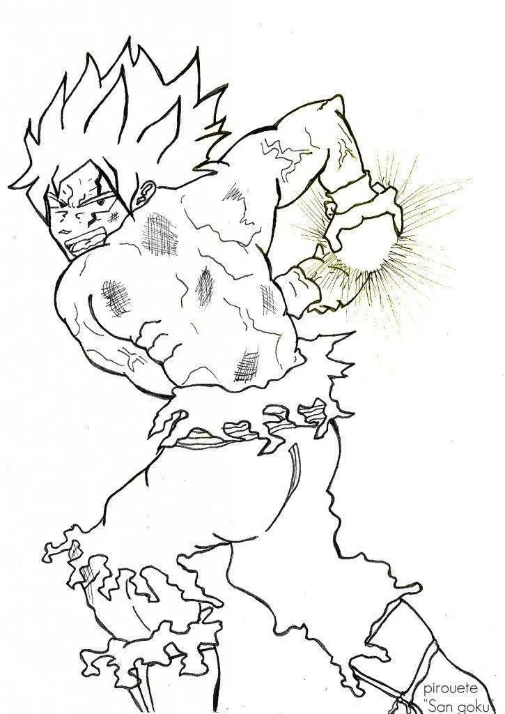 Desenho de contorno em preto e branco do Goku de costas e perfil, com o torso nu e ferido, preparando uma esfera de luz entre as mãos.