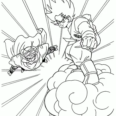 Desenho de contorno em preto e branco do Goku voando em uma nuvem e Piccolo voando ao lado dele, com linhas radiais indicando movimento rápido.