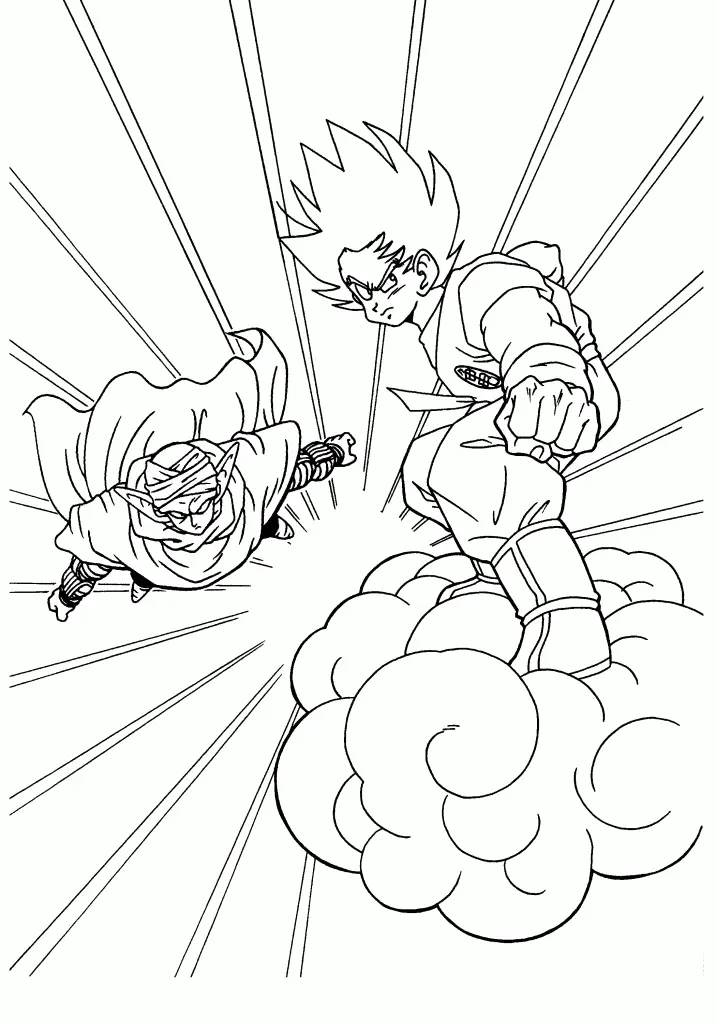 Desenho de contorno em preto e branco do Goku voando em uma nuvem e Piccolo voando ao lado dele, com linhas radiais indicando movimento rápido.