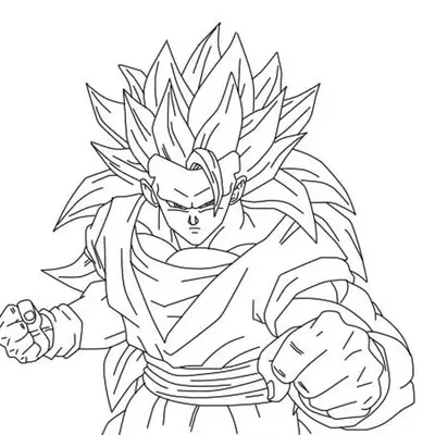 Desenho de contorno em preto e branco do Goku na forma Super Saiyajin 3, com cabelos longos até a cintura, sem sobrancelhas, desferindo um soco frontal.