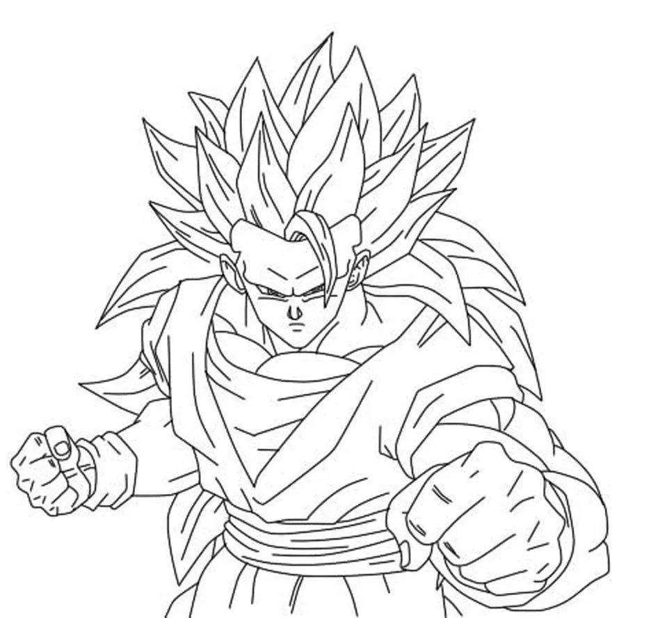 Desenho de contorno em preto e branco do Goku na forma Super Saiyajin 3, com cabelos longos até a cintura, sem sobrancelhas, desferindo um soco frontal.