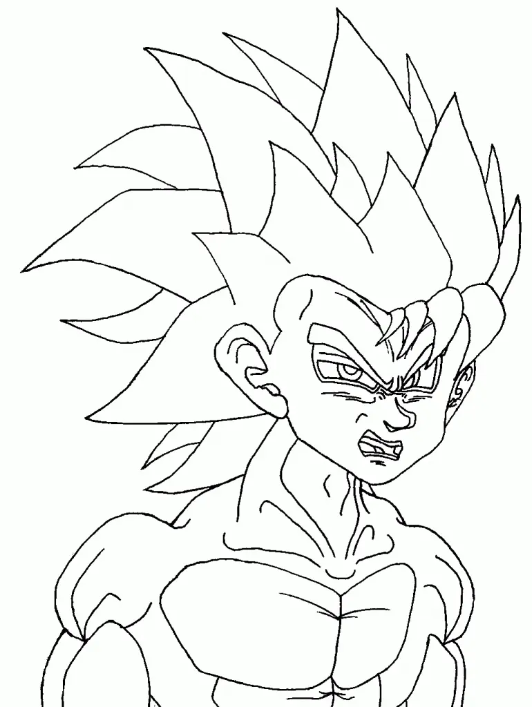 Desenho de contorno em preto e branco focado no rosto e tronco de Goku Super Saiyajin 3, com cabelos longos, testa proeminente e olhar severo.