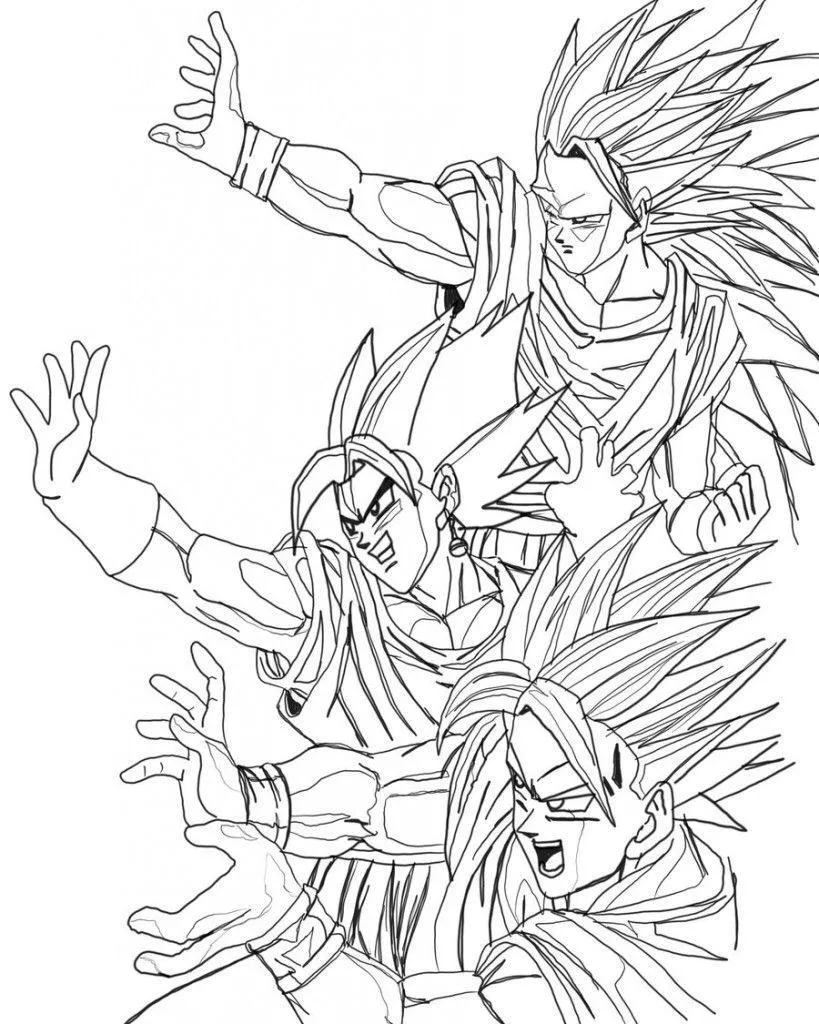 Desenho de contorno em preto e branco mostrando três versões de guerreiros Saiyajin: Goku Super Saiyajin 3 com cabelo longo, Vegito com brincos Potara e uma transformação adicional em pose de ataque.