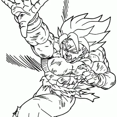 Desenho de contorno em preto e branco do Goku Super Saiyajin saltando, com o torso nu e musculoso, estendendo a mão direita para frente.