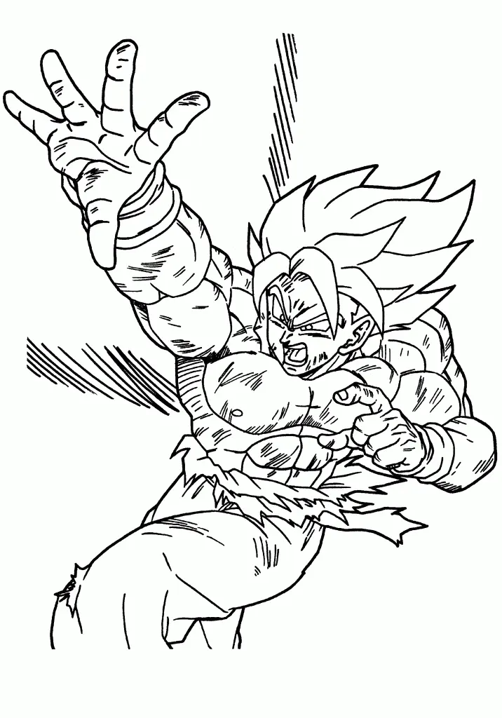 Desenho de contorno em preto e branco do Goku Super Saiyajin saltando, com o torso nu e musculoso, estendendo a mão direita para frente.
