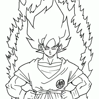 Desenho de contorno em preto e branco do Goku Super Saiyajin de frente, com as mãos na cintura e uma grande aura de energia espetada ao redor do corpo.
