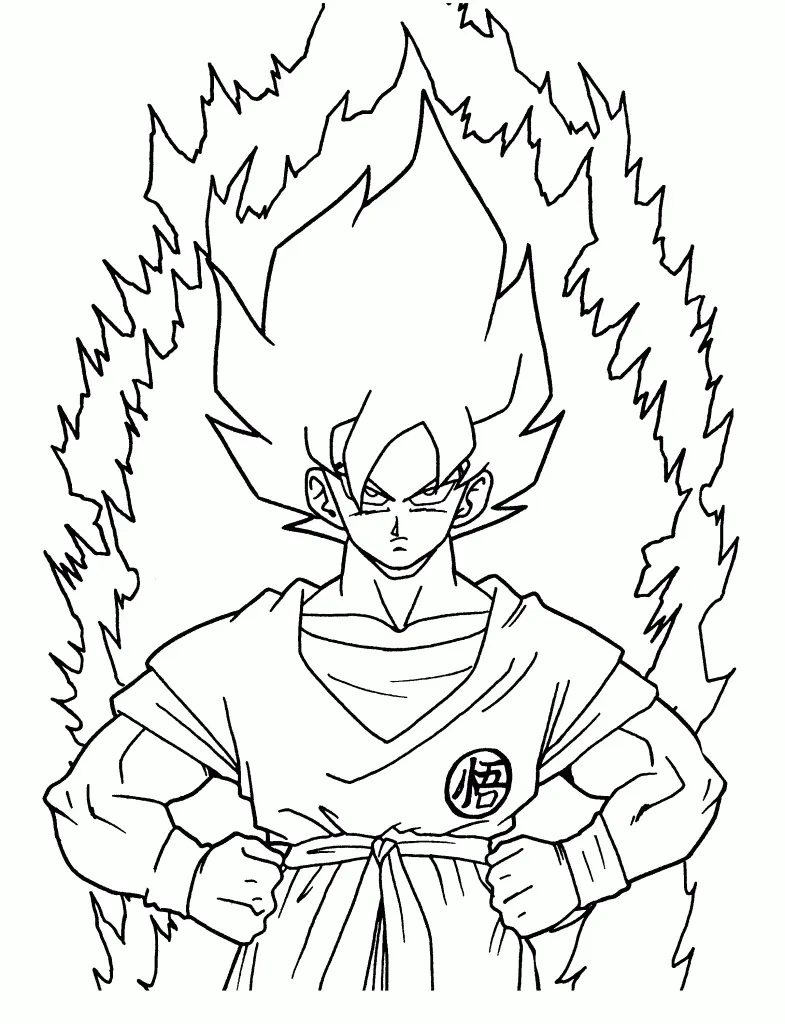 Desenho de contorno em preto e branco do Goku Super Saiyajin de frente, com as mãos na cintura e uma grande aura de energia espetada ao redor do corpo.