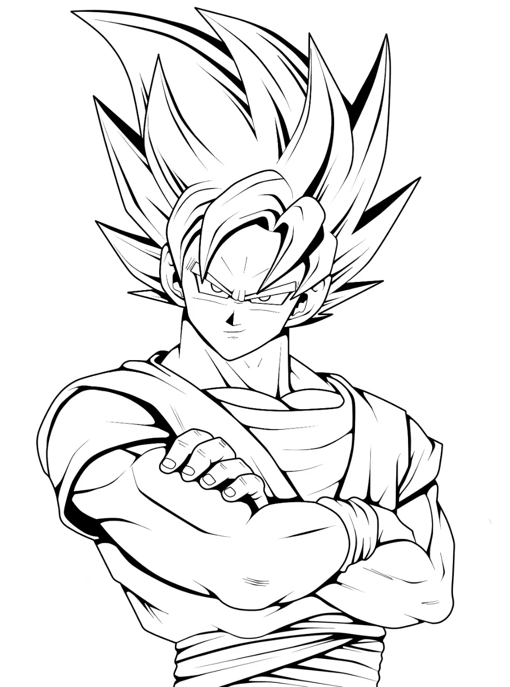 Desenho de contorno em preto e branco do Goku Super Saiyajin, com cabelo espetado e braços cruzados, vestindo seu dogi de artes marciais.