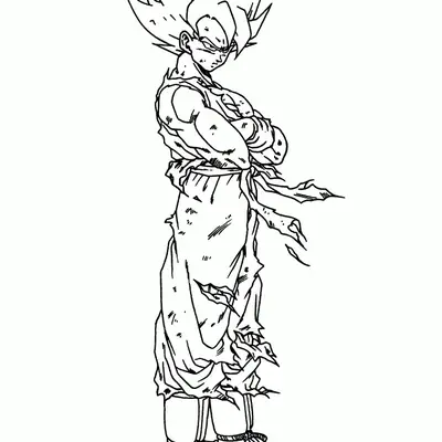 Desenho de contorno em preto e branco do Goku Super Saiyajin de perfil, com braços cruzados, cabelo espetado e calças rasgadas, em cima de um terreno irregular.