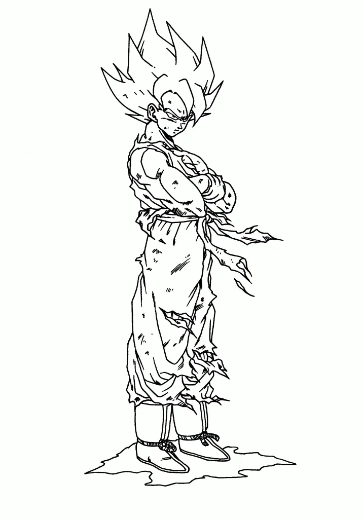 Desenho de contorno em preto e branco do Goku Super Saiyajin de perfil, com braços cruzados, cabelo espetado e calças rasgadas, em cima de um terreno irregular.