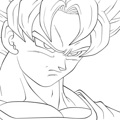 Desenho de contorno em preto e branco focado no rosto de Goku Super Saiyajin, com cabelos espetados, olhar severo e músculos do pescoço definidos.