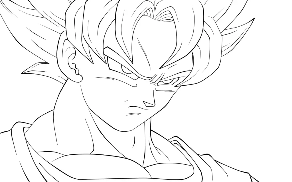 Desenho de contorno em preto e branco focado no rosto de Goku Super Saiyajin, com cabelos espetados, olhar severo e músculos do pescoço definidos.