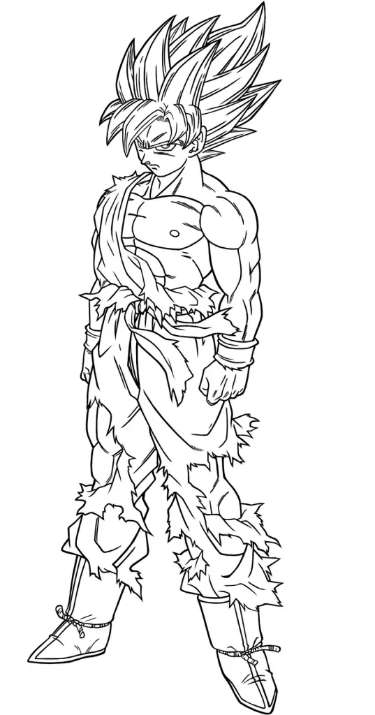 Desenho de contorno em preto e branco do Goku Super Saiyajin em pé, com o peito parcialmente à mostra e calças destruídas em tiras espetadas.