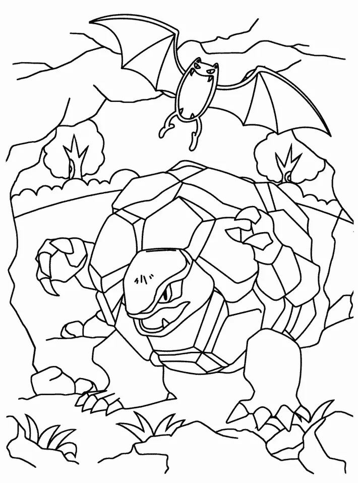 Desenho de contorno em preto e branco mostrando um Golem robusto no solo e um Zubat voando acima dele, com árvores e rochas ao fundo.