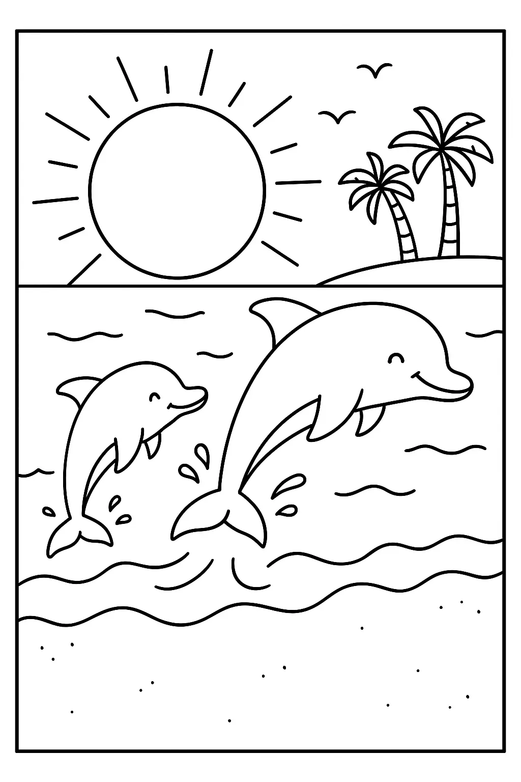 Desenho de contorno de um golfinho grande e um pequeno saltando fora da água, com gotas de água, sol grande no horizonte e uma ilha com coqueiros.