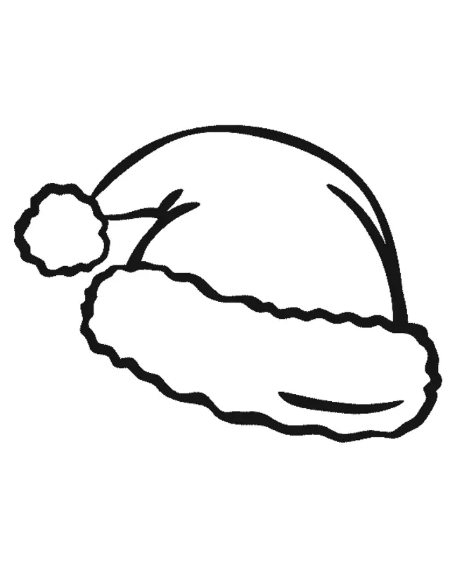 Desenho de contorno em preto e branco de um gorro de Natal clássico com borda ondulada e um pompom na extremidade.