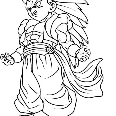 Desenho de contorno em preto e branco do Gotenks criança em sua forma Super Saiyajin 3, com cabelos longos espetados e colete da fusão.