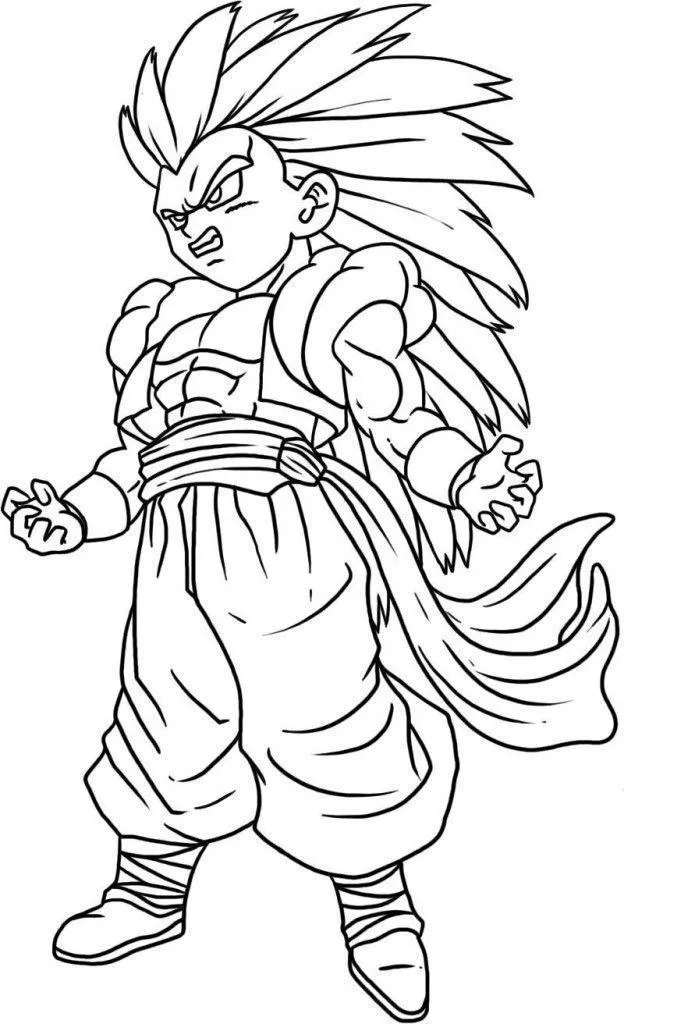 Desenho de contorno em preto e branco do Gotenks criança em sua forma Super Saiyajin 3, com cabelos longos espetados e colete da fusão.