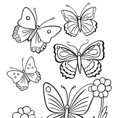 Desenho de contorno com cinco borboletas diferentes voando sobre duas flores grandes no canto inferior esquerdo.