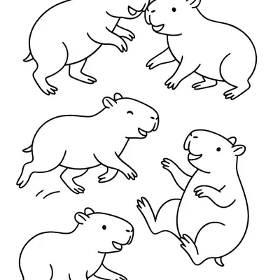 Desenho de contorno de cinco capivaras pequenas e médias em poses ativas: uma correndo, uma sentada rindo, duas interagindo e uma saltando.