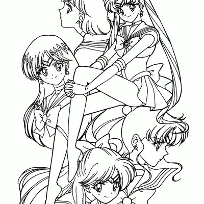 Desenho de contorno em preto e branco das cinco Sailor Senshi originais em uma composição de grupo, mostrando seus uniformes e penteados icônicos.