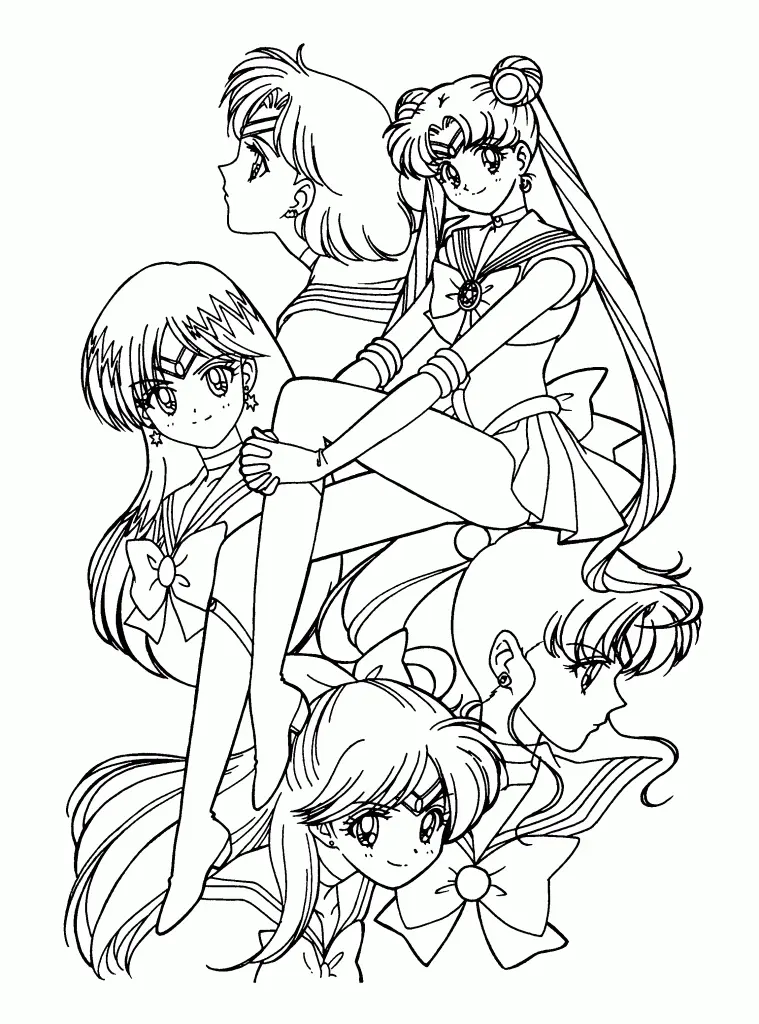 Desenho de contorno em preto e branco das cinco Sailor Senshi originais em uma composição de grupo, mostrando seus uniformes e penteados icônicos.