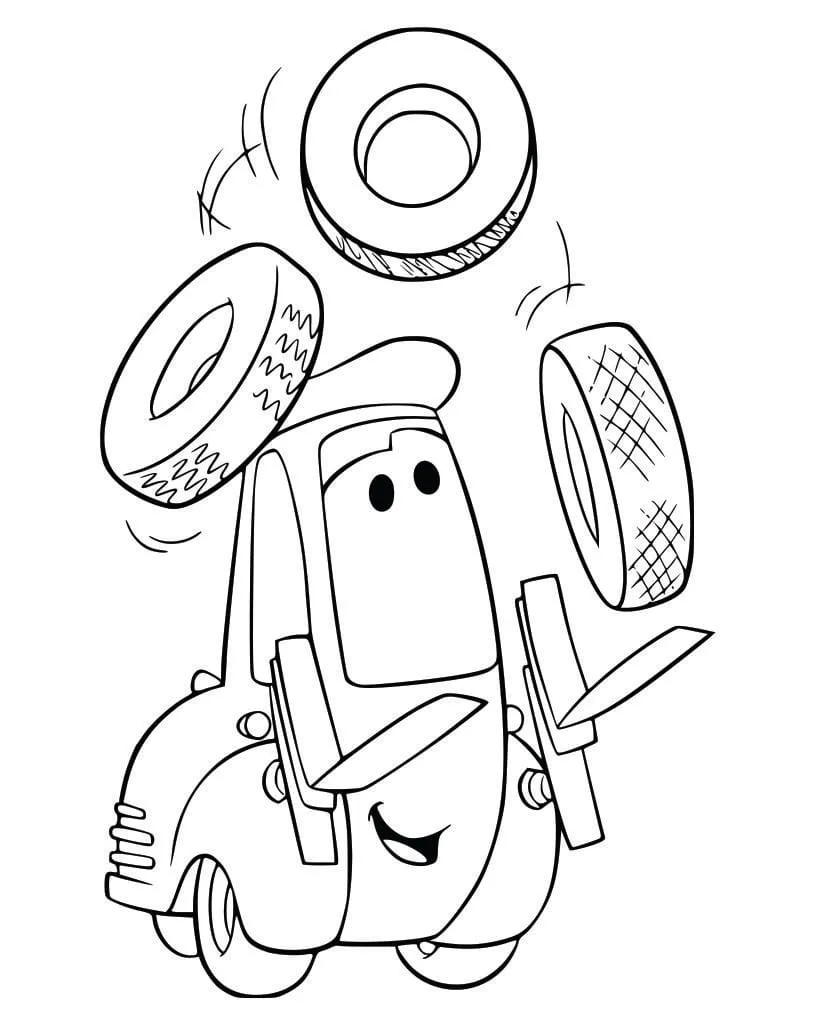 Desenho de contorno do personagem Guido, a empilhadeira azul de Carros, equilibrando três pneus no ar com seus garfos.