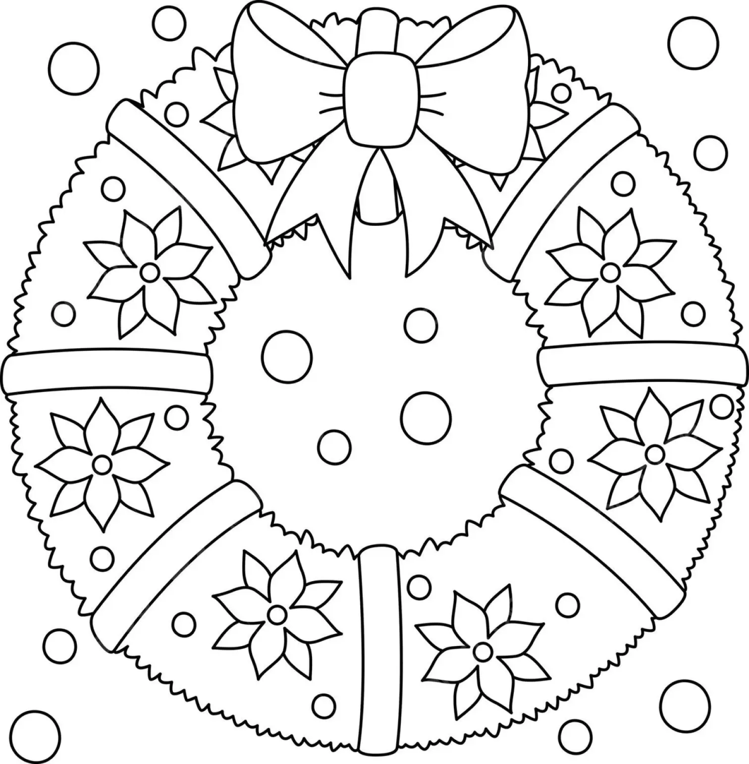 Desenho de contorno circular de uma guirlanda de Natal com seis flores, fitas entrelaçadas e um laço grande na parte superior.