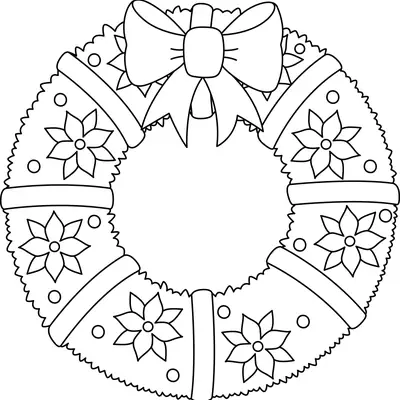 Desenho de contorno em preto e branco de uma guirlanda de Natal circular com um laço no topo, flores estreladas e fitas decorativas.