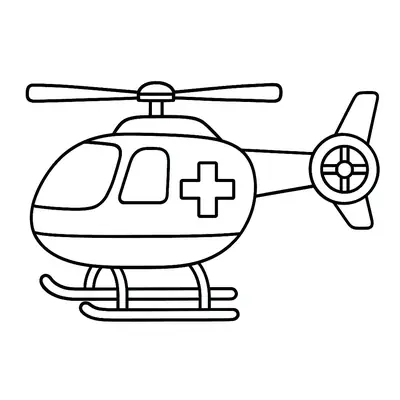 Desenho de contorno de um helicóptero de resgate lateral. O helicóptero possui rotores principal e de cauda e esquis de pouso. A fuselagem exibe claramente o símbolo da cruz de resgate.