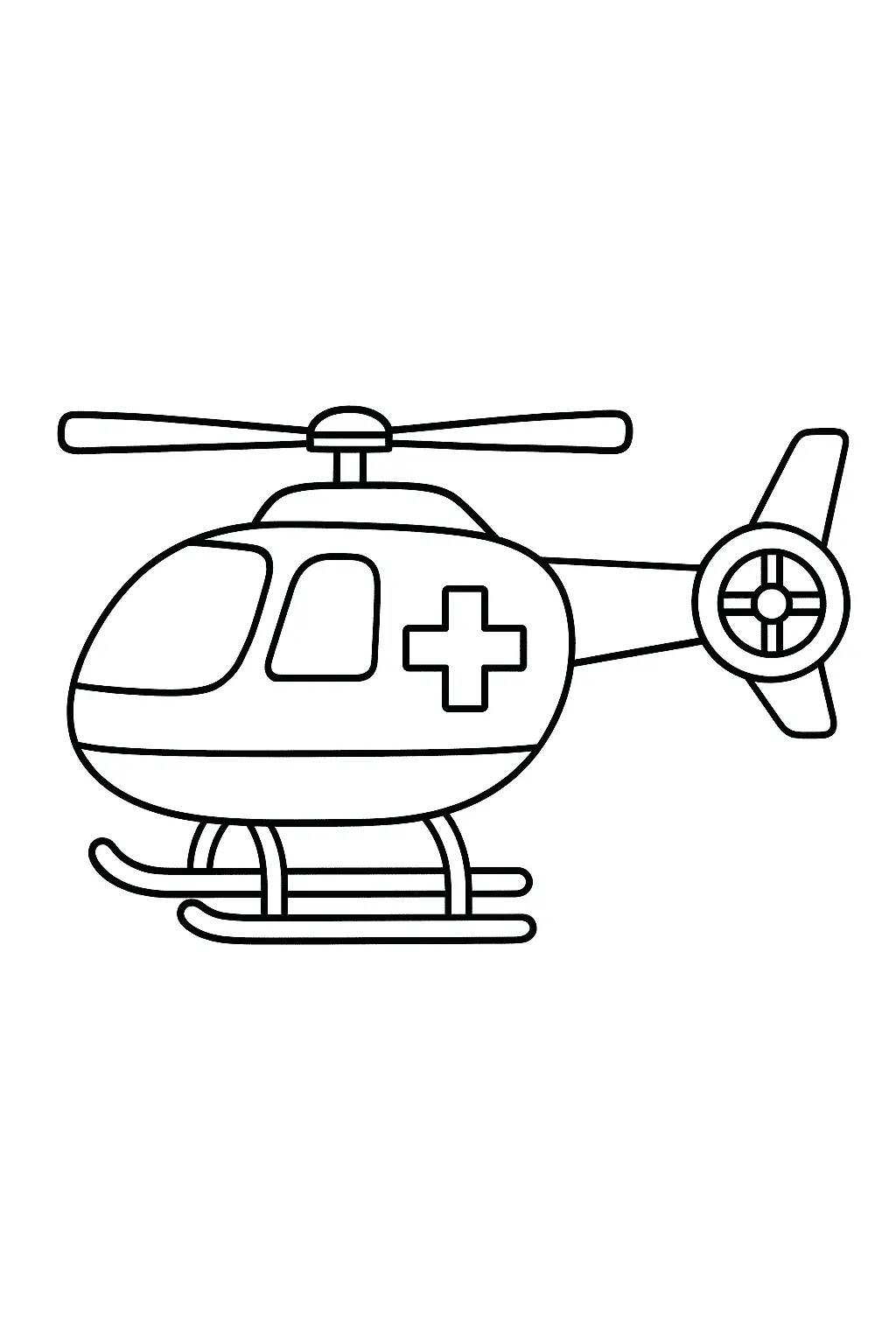 Desenho de contorno de um helicóptero de resgate lateral. O helicóptero possui rotores principal e de cauda e esquis de pouso. A fuselagem exibe claramente o símbolo da cruz de resgate.