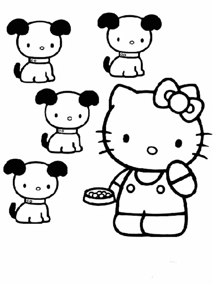 Desenho de contorno em preto e branco da Hello Kitty segurando uma tigela de comida, cercada por quatro cachorrinhos pequenos com coleiras.