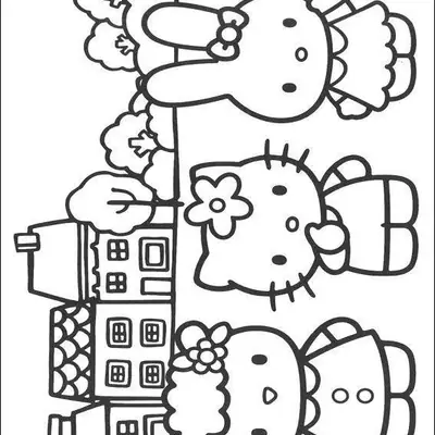 Desenho da Hello Kitty e Amigas na Vila para Colorir
