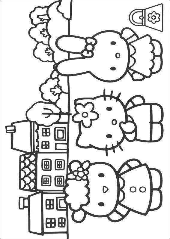 Desenho de contorno em preto e branco da Hello Kitty, uma coelhinha e uma ovelha em pé na frente de três casas pequenas e árvores ao fundo.