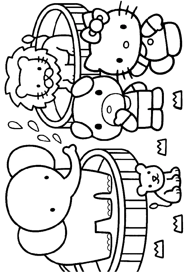 Desenho de contorno em preto e branco da Hello Kitty ao lado de um urso, com um elefante e um leão em pequenas piscinas redondas.