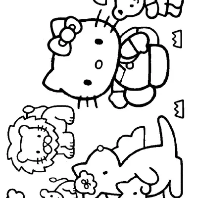 Desenho da Hello Kitty com Leão, Urso e Canguru para Colorir