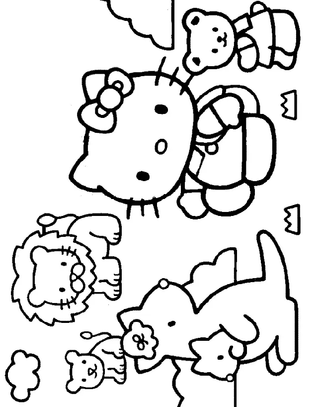 Desenho de contorno em preto e branco da Hello Kitty rodeada por um pequeno urso, um leão, um filhote de leão e um canguru com filhote.