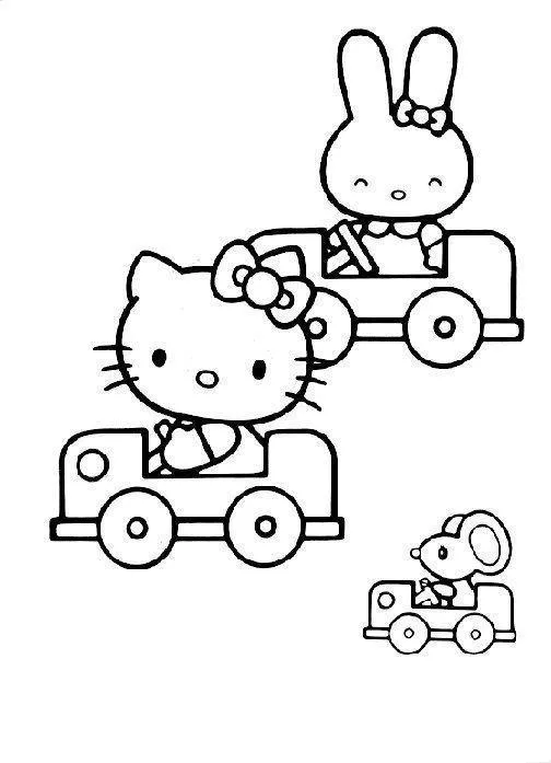 Desenho de contorno em preto e branco da Hello Kitty, um coelho e um rato, cada um dirigindo seu próprio carrinho de brinquedo.