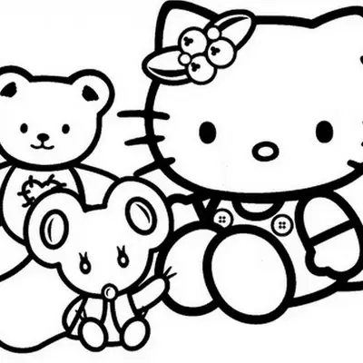 Desenho de contorno em preto e branco da Hello Kitty sentada com um ursinho que tem um coração no peito e um ratinho amigável ao lado.