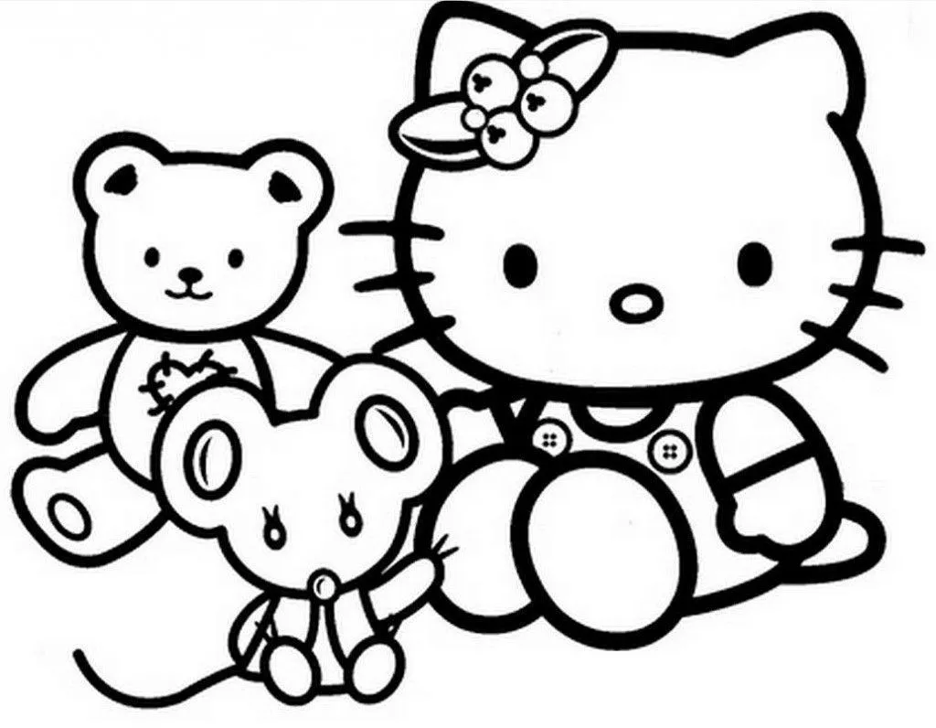Desenho de contorno em preto e branco da Hello Kitty sentada com um ursinho que tem um coração no peito e um ratinho amigável ao lado.