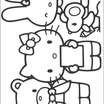 Desenho da Hello Kitty com Urso, Coelho e Rato para Colorir